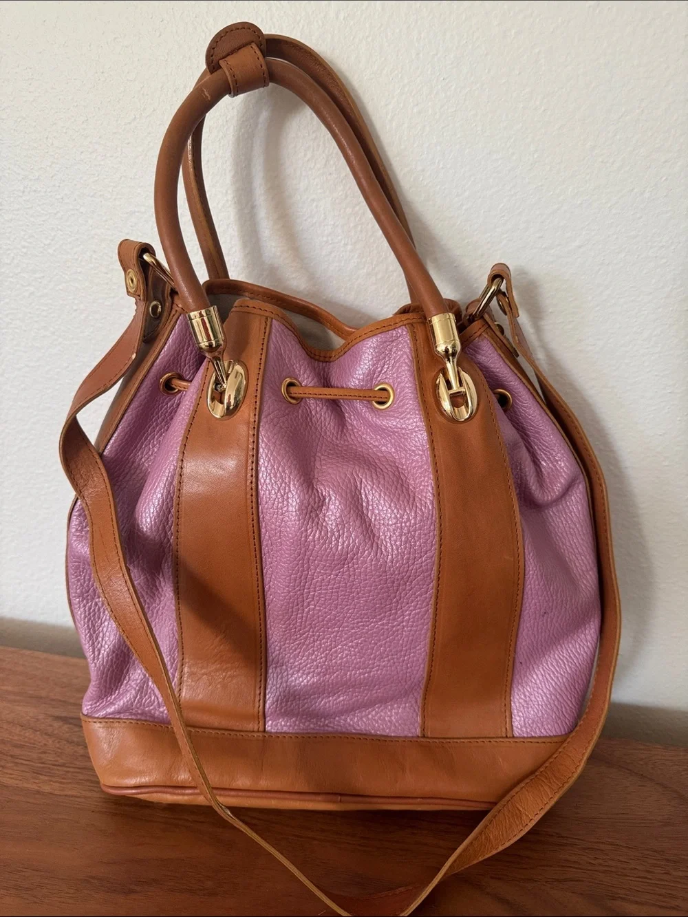 Valentina Pink and Tan Leather Drawstring Shoulder Bag